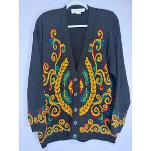 Vintage Norton McNaughton Cardigan Medium 80s Black Gold Floral Grandmacore Art